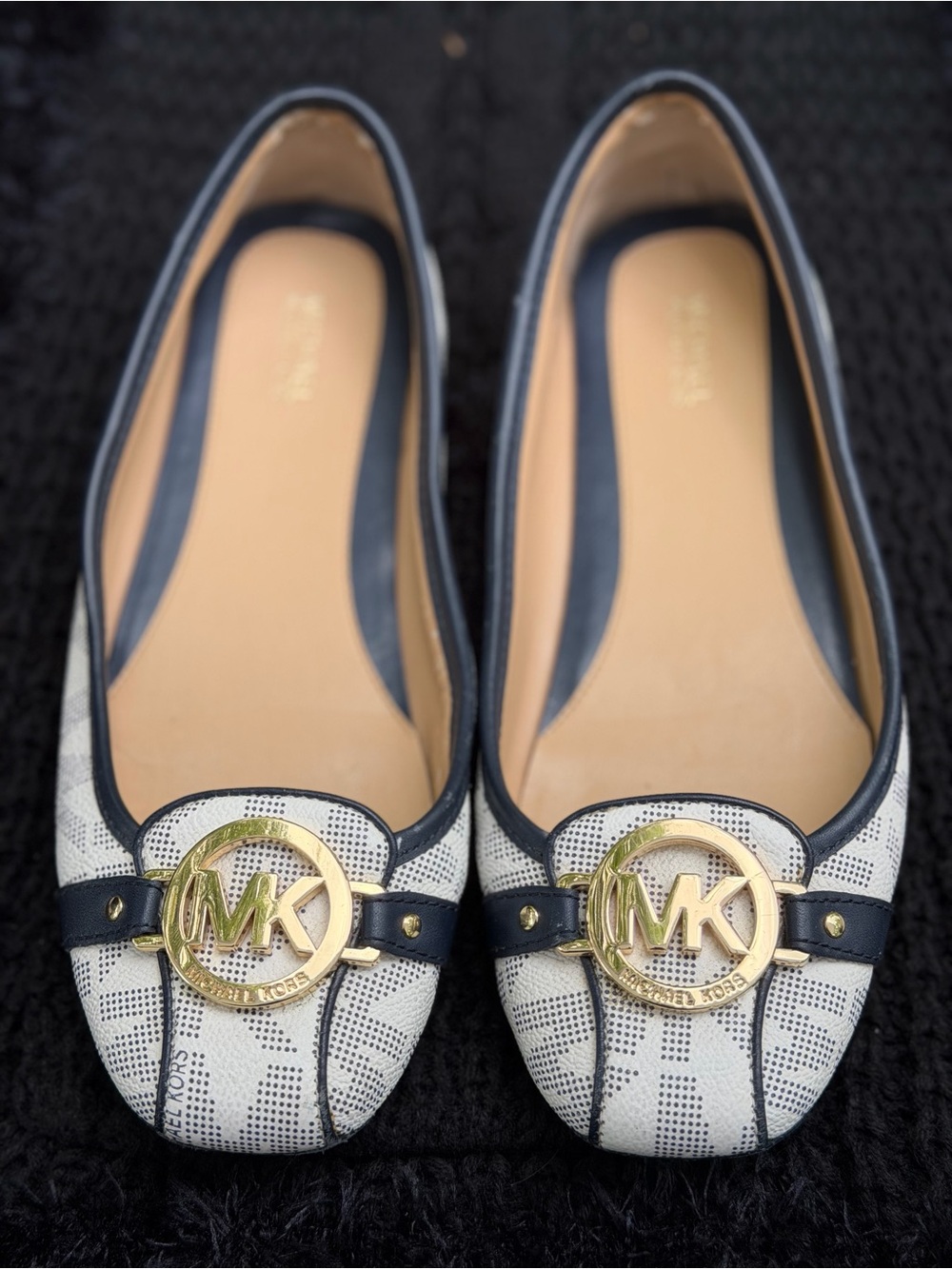 Michael Kors Navy and White MK Logo Ballet Flats with Gold Accent